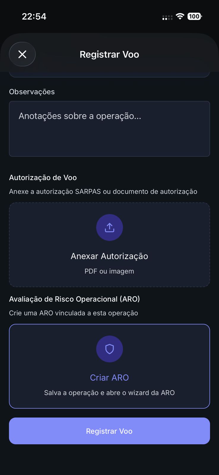 Registro de voo com autorização e ARO